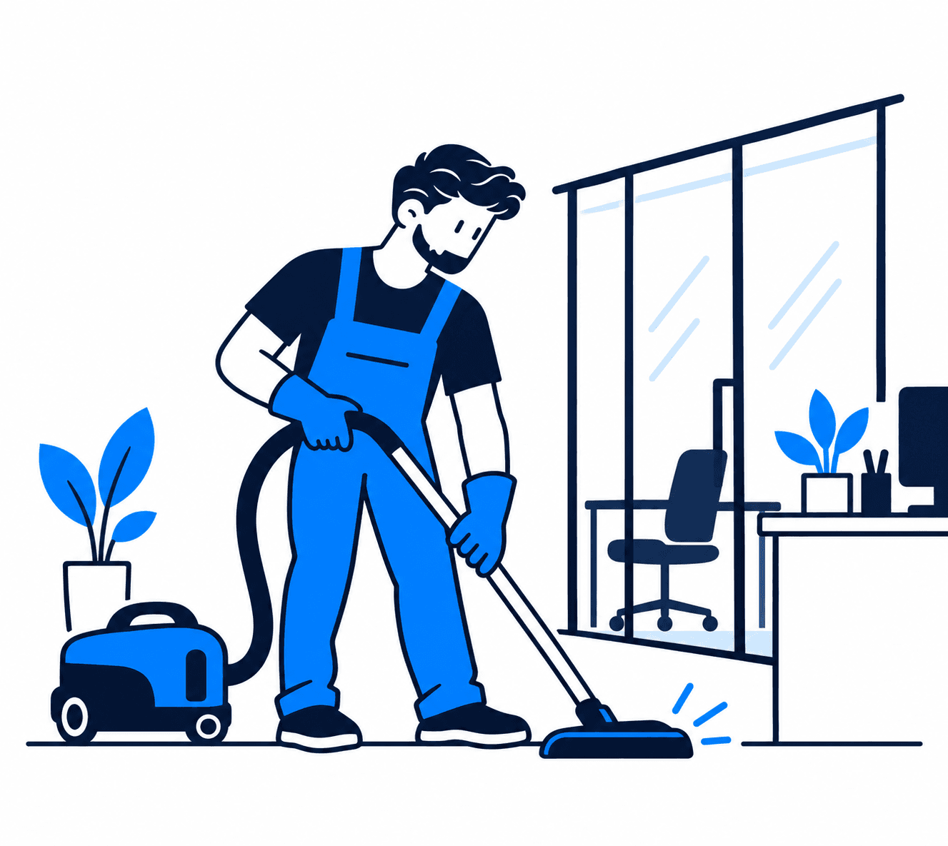 Illustration af en rengøringsassistent, der støvsuger et kontor